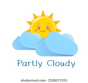 Educational weather flashcard. Partly cloudy inscription. Worksheet for children. Happy sun with clouds. Preschool education. Cartoon Flat vector illustration isolated on white background