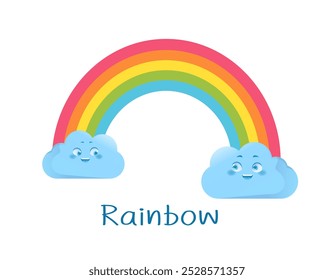 Educational weather flashcard. Rainbow with clouds. Worksheet for children. Weather forecast and meteorology. Learning and studying. Cartoon Flat vector illustration isolated on white background