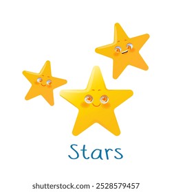 Educational weather flashcard. Stars inscription. Night and eveninig. Cute yellow stars. Worksheet for training and learning. Cartoon Flat vector illustration isolated on white background