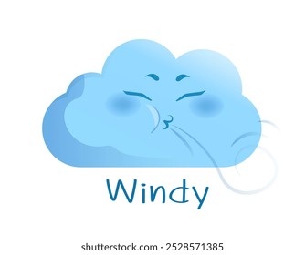 Educational weather flashcard. Windy inscription. Worksheet for children. Cloud blowing. Development of kids skills. Cartoon Flat vector illustration isolated on white background