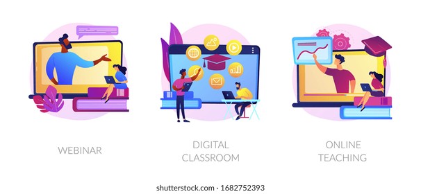 Educational web seminar, internet classes, professional personal teacher service icons set. Webinar, digital classroom, online teaching metaphors. Vector isolated concept metaphor illustrations