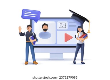 Educational web seminar, internet classes, professional 3D character personal teacher service. Webinar, digital classroom, online teaching metaphors vector illustration. Online tutorials 3D