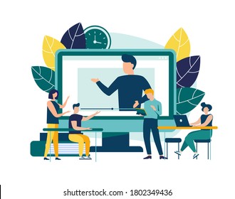 Educational webinar. Digital audience, Online class. The concept of modern education with a personal teacher. Vector illustration for landing page template.