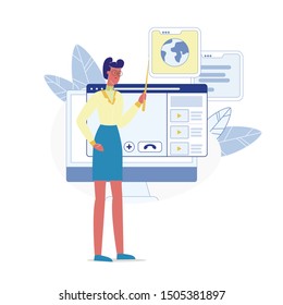 Educational Webinar Tutor Flat Vector Character. Online Video Tutorial, Geography E-learning Illustration. Distance University, Internet Courses. Female Teacher Explaining Lesson Subject