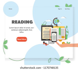 Educational website homepage template. Vector flat style design element with copy space and read more button.