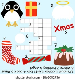 Educational winter holidays children crossword stock vector illustration. Funny colorful activity book page for kids Christmas home pastime. Cartoon word game with keyword and answer. One of a series