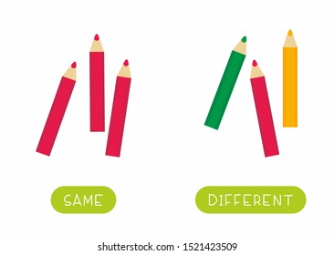 Educational word card for children vector template. Flash card for language studying with stationery items. Antonyms, diversity concept. Same and different pencils flat illustration with typography