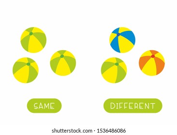 Educational word card for children vector template. Flash card for language studying with balls. Antonyms, diversity concept. Same and different toys flat illustration with typography