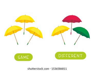 Educational word card for children vector template. Flash card for language studying with umbrellas. Antonyms, diversity concept. Same and different umbrellas flat illustration with typography