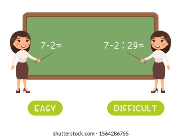 Educational word card with math sums vector template. Flash card for English studying. Antonyms concept, easy and difficult. Mathematics teacher near chalkboard flat illustration with typography