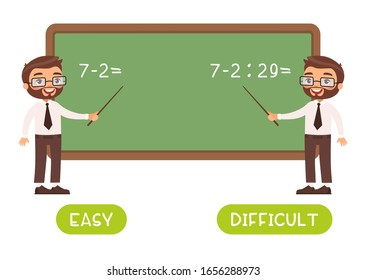 Lernwörterkarte mit Mathematik Summen Vektorillustration Vorlage. Flash-Karte für Englischunterricht. Antonyme Konzept, einfach und schwierig. Mathematiklehrer in der Nähe von Tafelflach mit Typografie