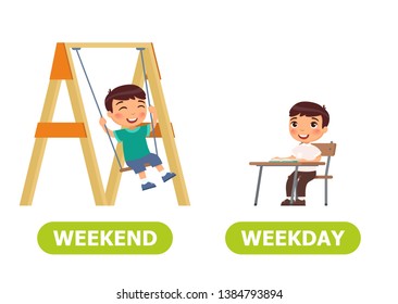 Educational word card with opposites. Antonyms concept, WEEKDAY and WEEKEND.  Flash card for English studying. Little asian boy sits at school desk, joyful boy swinging on a swing. Flat illustration 