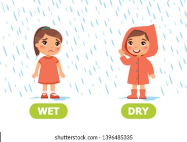 Educational word card with opposites. Antonyms concept, WET and DRY.  Flash card for English studying.  Little  girl is standing with raincoat in the rain and smiling, girl without raincoat is we