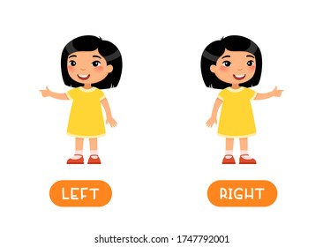 Educational word card with opposites. Antonyms concept, LEFT and RIGHT.  Flash card for English studying.  Little asian girl points in different directions. Flat illustration with typography