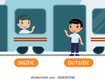 Educational word card with opposites. Antonyms concept, INSIDE and OUTSIDE.  Flash card for English studying. Little Asian schoolboy is sitting in train, child is standing outside. Flat illustration 