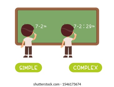 Educational word card with opposites vector template. Card for foreign language study with child. Antonyms concept, simple and complex. Boy doing sums on chalkboard flat illustration with typography

