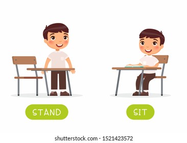 Educational word card with schoolkid vector template. Flash card for foreign language with school student. Opposites concept, stand and sit. Little schoolboy flat illustration with typography