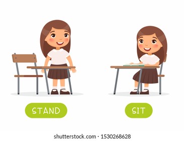 Educational word card with schoolkid vector template. Flash card for foreign language with school student. Opposites concept, stand and sit. Little schoolgirl flat illustration with typography