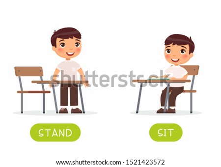 Educational word card with schoolkid vector template. Flash card for foreign language with school student. Opposites concept, stand and sit. Little schoolboy flat illustration with typography