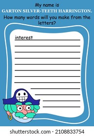 Educational word game with cartoon pirate vector illustration