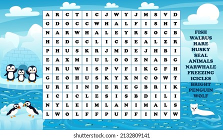 Educational word search game for kids with arctic animals, printable children activity worksheet in cartoon style with seal, penguins and polar bear, pufffin