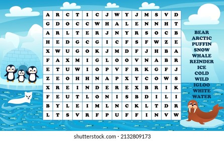 Educational word search game for kids with arctic animals, printable children activity worksheet in cartoon style with seal, penguins and polar bear