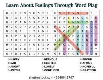 Educational word search puzzle focusing on feelings and emotions. A fun learning activity for children and adults.