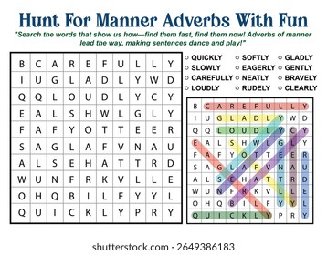 Educational word search puzzle game focusing on manner adverbs. Includes a list of adverbs and a grid to find them.