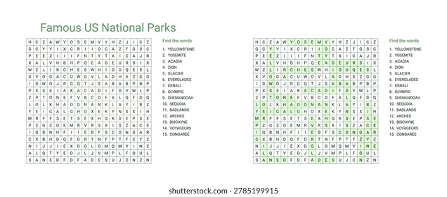 Educational word seek puzzle sheet featuring famous US National Parks  