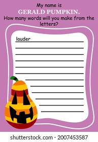 Educational words within a word game for Halloween vector illustration.  Word game anagram in English with cartoon pumpkin. Write as many words as you can by given letters