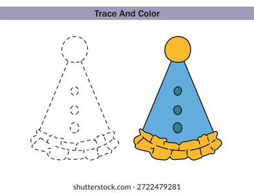 Hoja de trabajo educativa con un sombrero de cumpleaños para trazar y colorear. Esquema discontinuo para el trazado y un sombrero de cumpleaños completamente coloreado para la práctica de habilidades motoras finas de los niños y actividades de aprendizaje temprano.