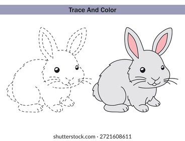 Hoja de trabajo educativa con un conejo para trazar y colorear. Esquema discontinuo para el rastreo y una linda liebre para la práctica de habilidades motoras finas de los niños y actividades de aprendizaje temprano.