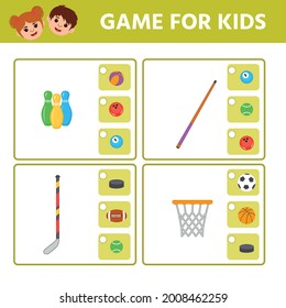 Educational worksheet for children. Choose the right ball for your sports equipment. Logic puzzle game