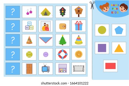 Educational worksheet for children. Game for Kids. Match objects with same shape. Learning geometric shapes with real life objects. 