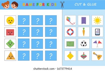 Educational worksheet for children. Game for Kids.  Match of geometric figures and objects. Triangle, square, circle, rhombus. Worksheet for kids learning forms