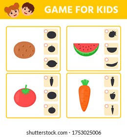 Educational worksheet for children. Game for Kids. Find matching item and shadow. Worksheet for kids learning forms. Logic puzzle game. Vector illustration