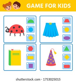 Educational worksheet for children. Game for Kids. Match of geometric figures and objects. Triangle, square, circle, rectangle. Worksheet for kids learning forms. Logic puzzle game