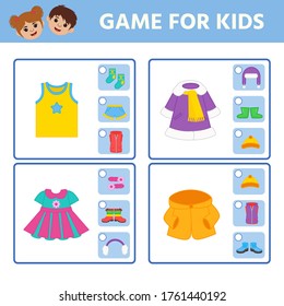 Educational worksheet for children. Game for Kids. Find matching item. clothes. Activity  Worksheet for kids learning forms. Logic puzzle game. Vector illustration