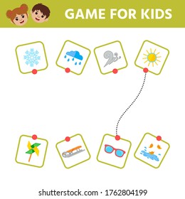 Educational worksheet for children. Game for Kids. Find matching item. weather. Activity  Worksheet for kids learning forms. Logic puzzle game. Vector illustration