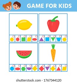 Educational worksheet for children. Game for Kids. Match of geometric figures and objects. Triangle, square, circle, rectangle. Worksheet for kids learning forms. Logic puzzle game