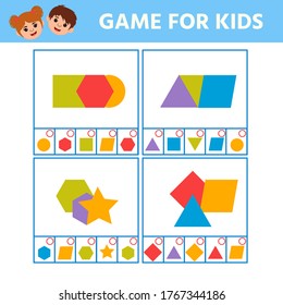 Educational worksheet for children. Game for Kids. Match of geometric figures and objects. Triangle, square, circle, rectangle. Worksheet for kids learning forms. Logic puzzle game