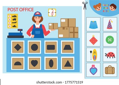 Educational worksheet for children. Game for Kids. Find items in the picture. Post office.  Logic puzzle game. Activity for pre sсhool years kids and toddlers