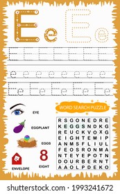 educational worksheet for children learning the English alphabet. Handwriting and crossword puzzle game for memorizing words. Letter E