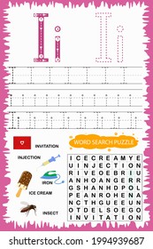 educational worksheet for children learning the English alphabet. Handwriting and crossword puzzle game for memorizing words. Letter I