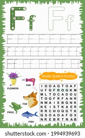 educational worksheet for children learning the English alphabet. Handwriting and crossword puzzle game for memorizing words. Letter F