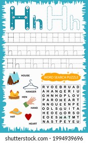 educational worksheet for children learning the English alphabet. Handwriting and crossword puzzle game for memorizing words. Letter H