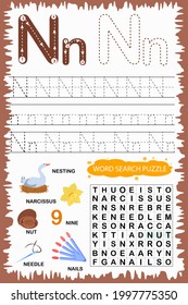 educational worksheet for children learning the English alphabet. Handwriting and crossword puzzle game for memorizing words. Letter N