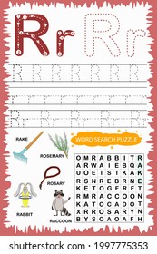 educational worksheet for children learning the English alphabet. Handwriting and crossword puzzle game for memorizing words. Letter R