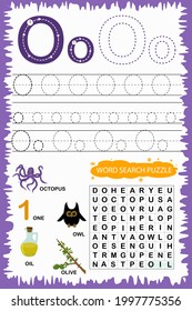 educational worksheet for children learning the English alphabet. Handwriting and crossword puzzle game for memorizing words. Letter O