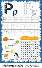 educational worksheet for children learning the English alphabet. Handwriting and crossword puzzle game for memorizing words. Letter P